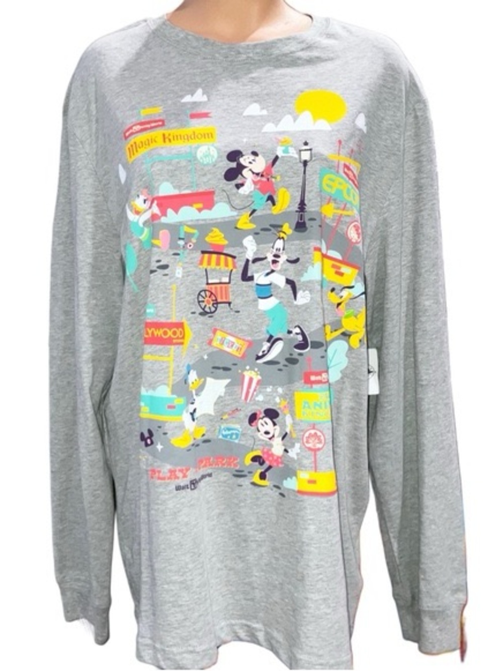 Disney Gray Long Sleeve Tee with Colorful Mickey & Friends Park Graphic